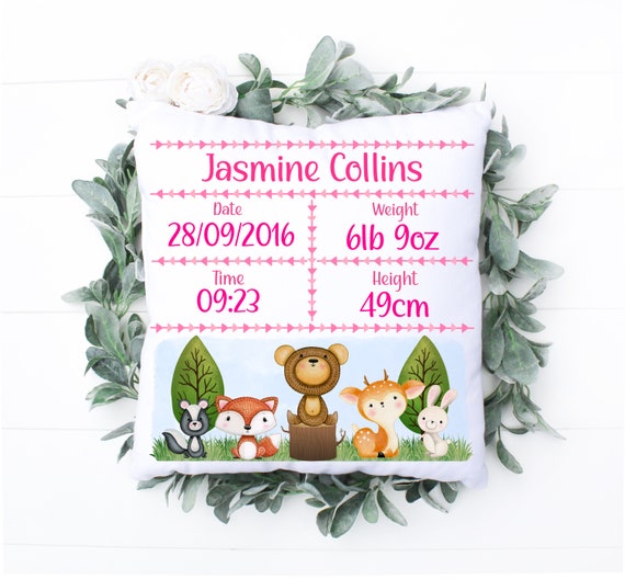 Handmade Personalised New Baby Woodland Animal Stats Cushion  | Perfect Gift for Boy or Girl | Baby Gift | Bedroom Decor | Personalised Gift