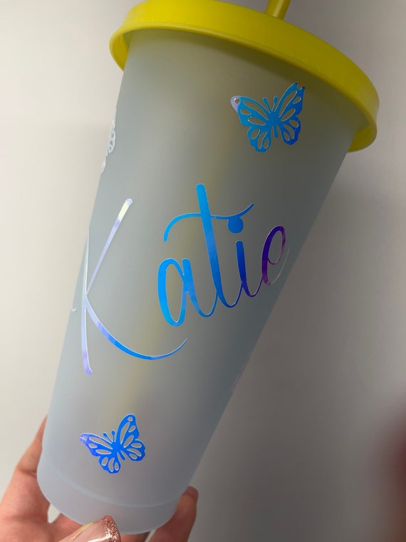 Colour Changing Cold Cup, Plastic Re-useable cup with plastic lid and straw, personalised,  birthday gift, school cup, work cup