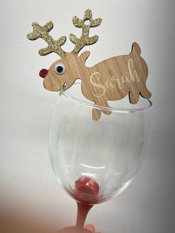 Luxury wooden reindeer personalised wine glass charms, reindeer place settings, reindeer place cards, Christmas decor, tree decorations