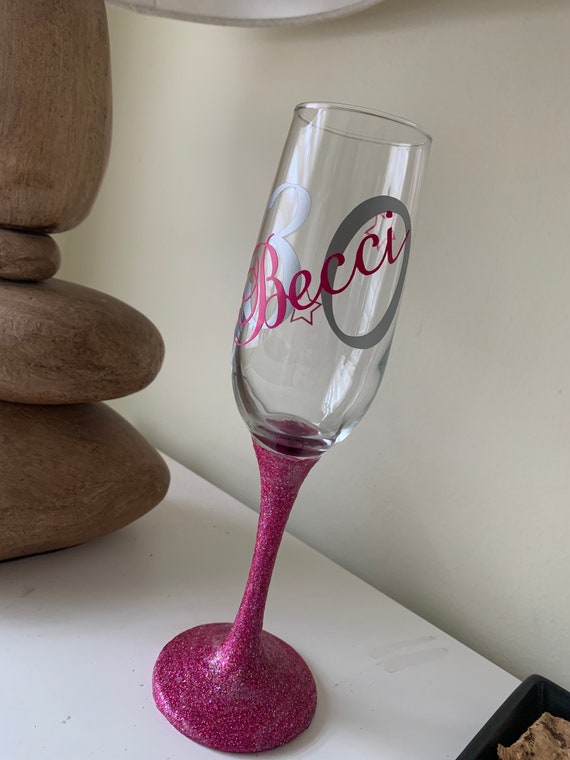 Personalised Elegant Name and Age Glitter Champagne Glasses, Birthday Gift, Celebration, 18th, 21st, 30th, 40th, 50th, 60th, 70th