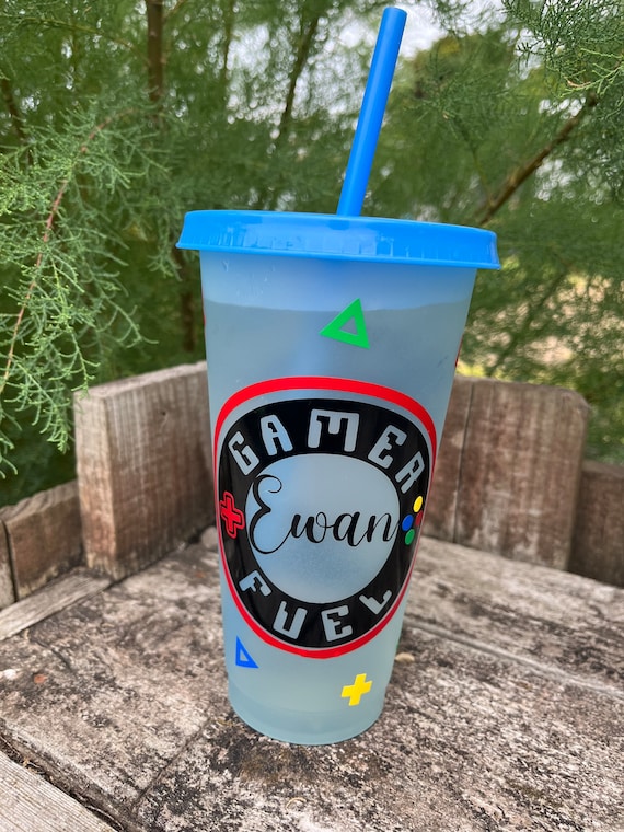 Colour Changing Cold Cup, Gaming Plastic Re-useable cup with plastic lid and straw, personalised,  birthday gift, school cup, work cup