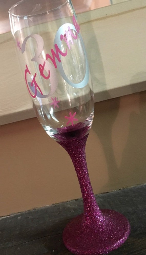 Personalised Name and Age Glitter Champagne Glasses, Birthday Gift, Party Gift, 18th, 21st, 30th, 40th, 50th, 60th, 70th, 80th celebration