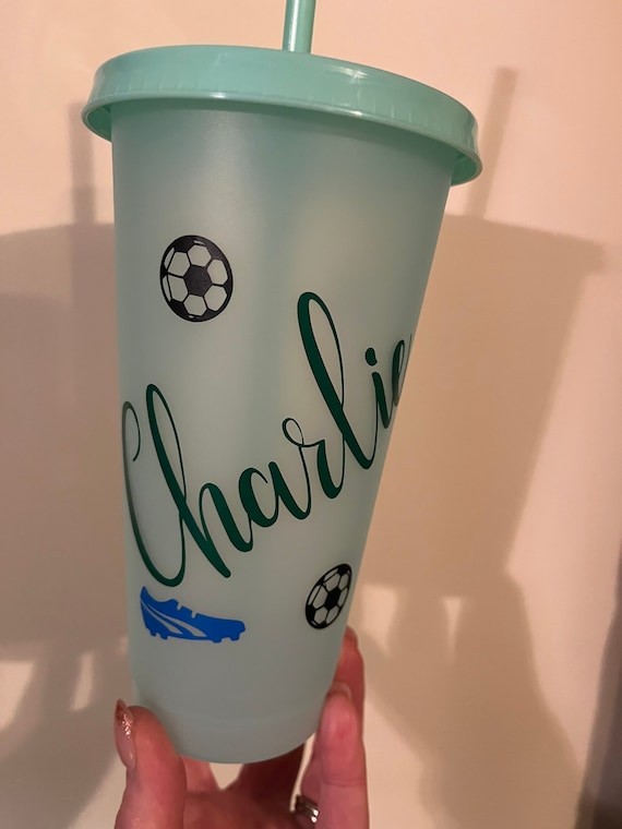 Colour Changing Cold Cup, Plastic Re-useable cup with plastic lid and straw, football personalised,  birthday gift, school cup, work cup