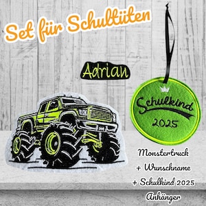 Könnte beinhalten: Grün-schwarze Monstertruck-Applikation mit dem Namen Adrian und eine grüne Kreis-Applikation mit dem Text "Schulkind 2025".