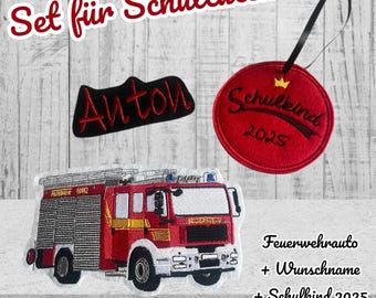 Aufnäher Feuerwehr Badge Bügelbild Applikation für Schultüte Schulanfang 2025 Schulkind Feuer Fire Feuerwehrauto