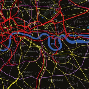Londen Londen ondergronds Kaart die vervoerroutes toont. Opvallend en kleurrijk. Ondertekend door de kunstenaar.