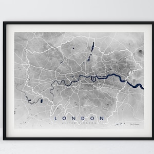 Londen aquarel Map Print, Greater London en de rivier de Theems. Ondertekend door de kunstenaar. Opvallende en monochrome grijstinten
