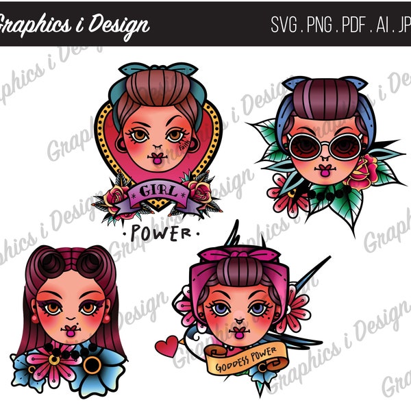 Tattoo Girls Flash SVG Sheet Designs stylized Sailor Jerry Neo Traditional Vintage Graphic Collection digital download PNG