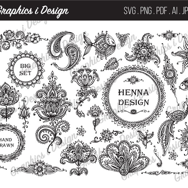 Vector Set of henna floral and animal patterns Design Set Clipart Bundle SVG Graphic PNG Bundle hand drawn mehndi flower template ornamental