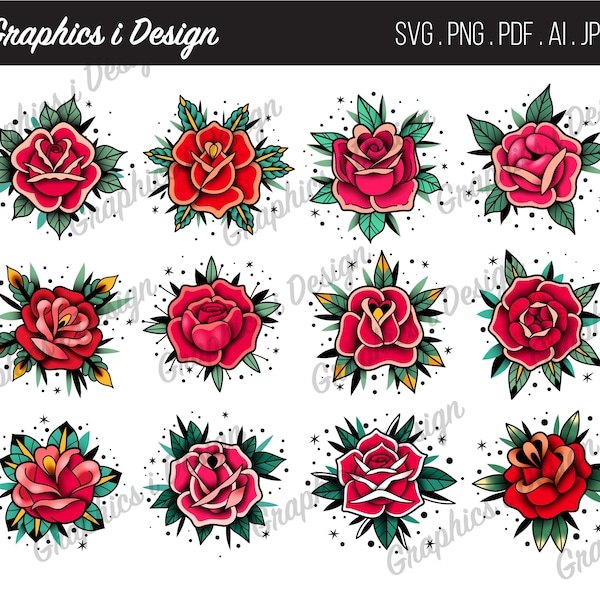Red Rose Tattoo Design Collection Neo Traditional SVG stylized clipart traditional graphic American Ink art PNG Sticker PNG Digital Download