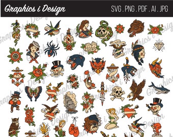 Vintage Tattoo Flash Sheet  Digital Download Tattoo SVG Sailor Jerry Traditional stencil PNG Collection 50 Designs stylized art oldschool