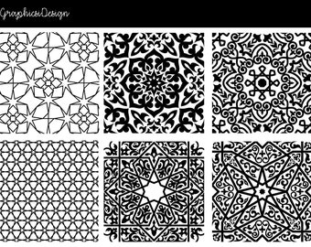 Puede incluir: Seis patrones geométricos en blanco y negro con diseños intrincados. Los patrones están dispuestos en una cuadrícula de dos filas y tres columnas.