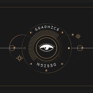K&ouml;nnte beinhalten: Ein schwarzes und goldenes Grafikdesign-Logo mit dem Text "GRAPHICS DESIGN" und einem stilisierten Auge mit einem Sonnenstrahl dahinter.