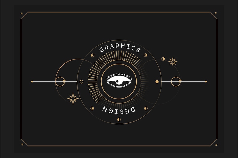 K&ouml;nnte beinhalten: Ein schwarzes und goldenes Grafikdesign-Logo mit dem Text "GRAPHICS DESIGN" und einem stilisierten Auge mit einem Sonnenstrahl dahinter.