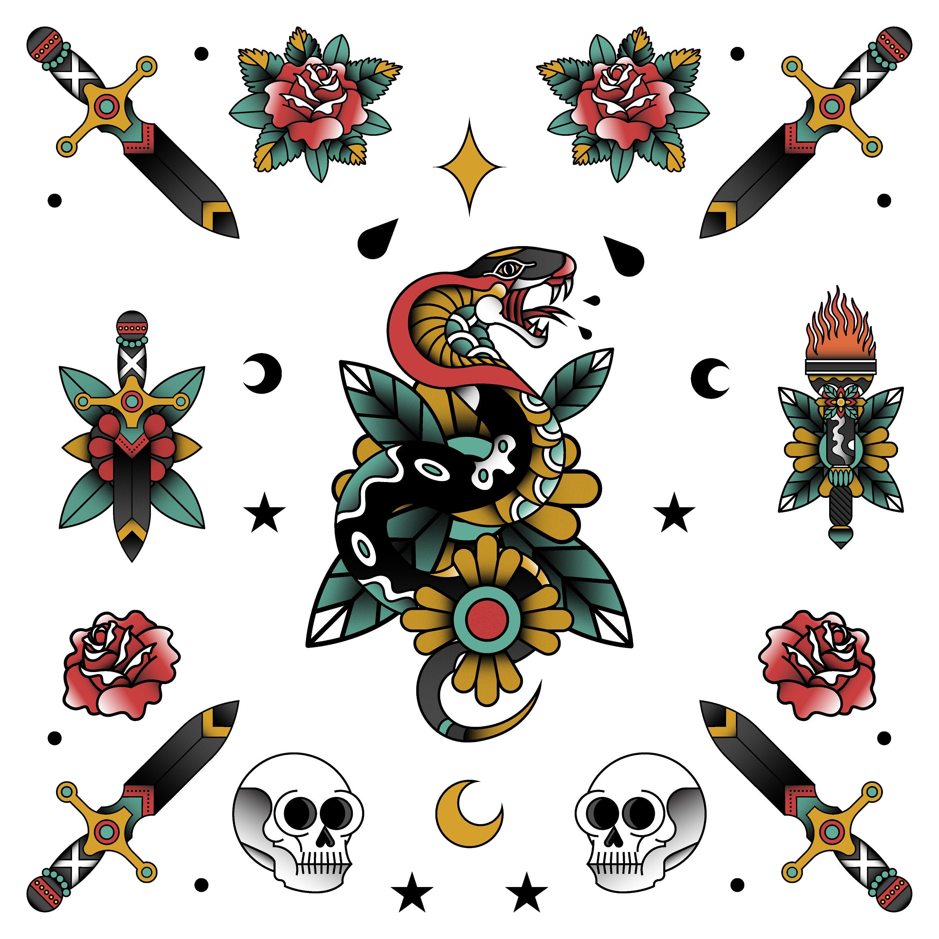Sailor Jerry Old School Snake Dagger Tattoo Sheet SVG Stylized - Etsy