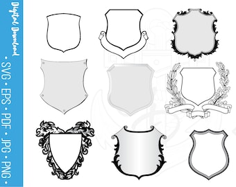 Shield Design Collection Heraldic Vector SVG Design Royal Crest Emblem coat of arms medieval Royal Clipart Set Cricut tattoo sheet