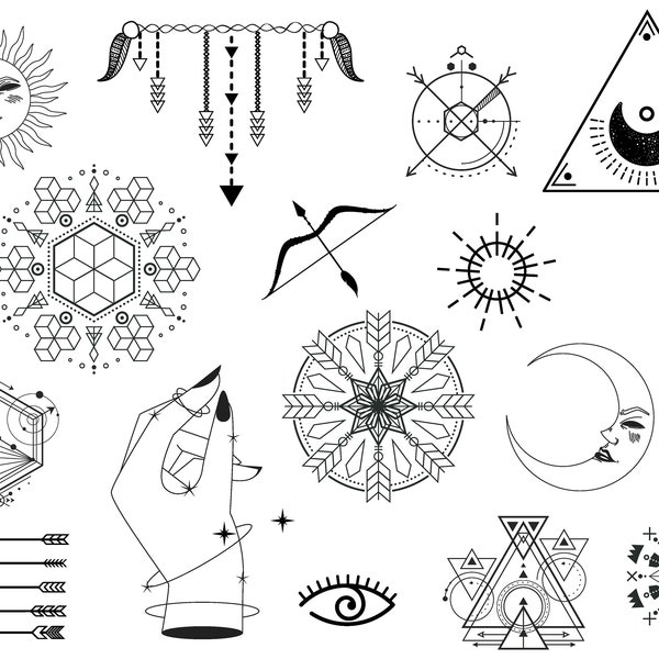 Celestial Designs Set Tattoo sheet Bundle SVG stylised moon clipart outline draw stars graphic design collection digital download hipster