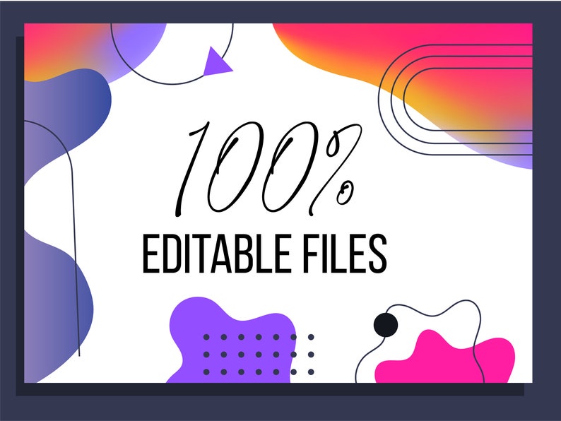 K&ouml;nnte beinhalten: Abstrakte Grafikdesign mit bunten Formen und Linien. Der Text "100% Bearbeitbare Dateien" ist in Schwarz auf wei&szlig;em Hintergrund geschrieben.