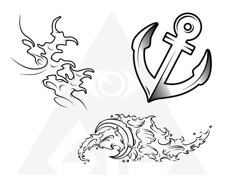 Puede incluir: Un dibujo en blanco y negro de un ancla con un dise&ntilde;o de ola. El ancla est&aacute; en el centro de la imagen y el dise&ntilde;o de ola est&aacute; a cada lado del ancla.
