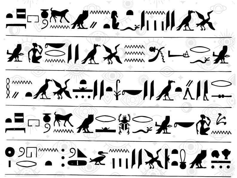 K&ouml;nnte beinhalten: Schwarz-wei&szlig;-Illustration von alten &auml;gyptischen Hieroglyphen. Die Hieroglyphen enthalten Bilder von V&ouml;geln, Tieren und Symbolen. Die Hieroglyphen sind in Reihen auf wei&szlig;em Hintergrund angeordnet.