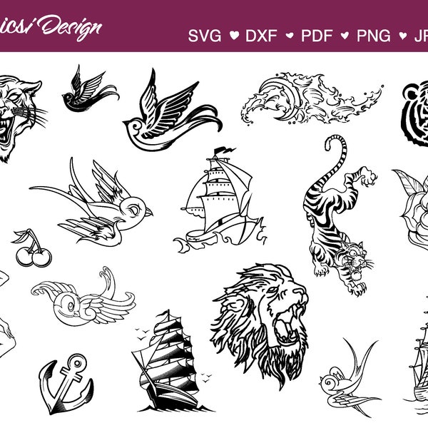 Old School Tattoo Designs SVG stylised nautical clipart sailor jerry silhouette traditional sparrow graphic tiger vector art Neo Traditional