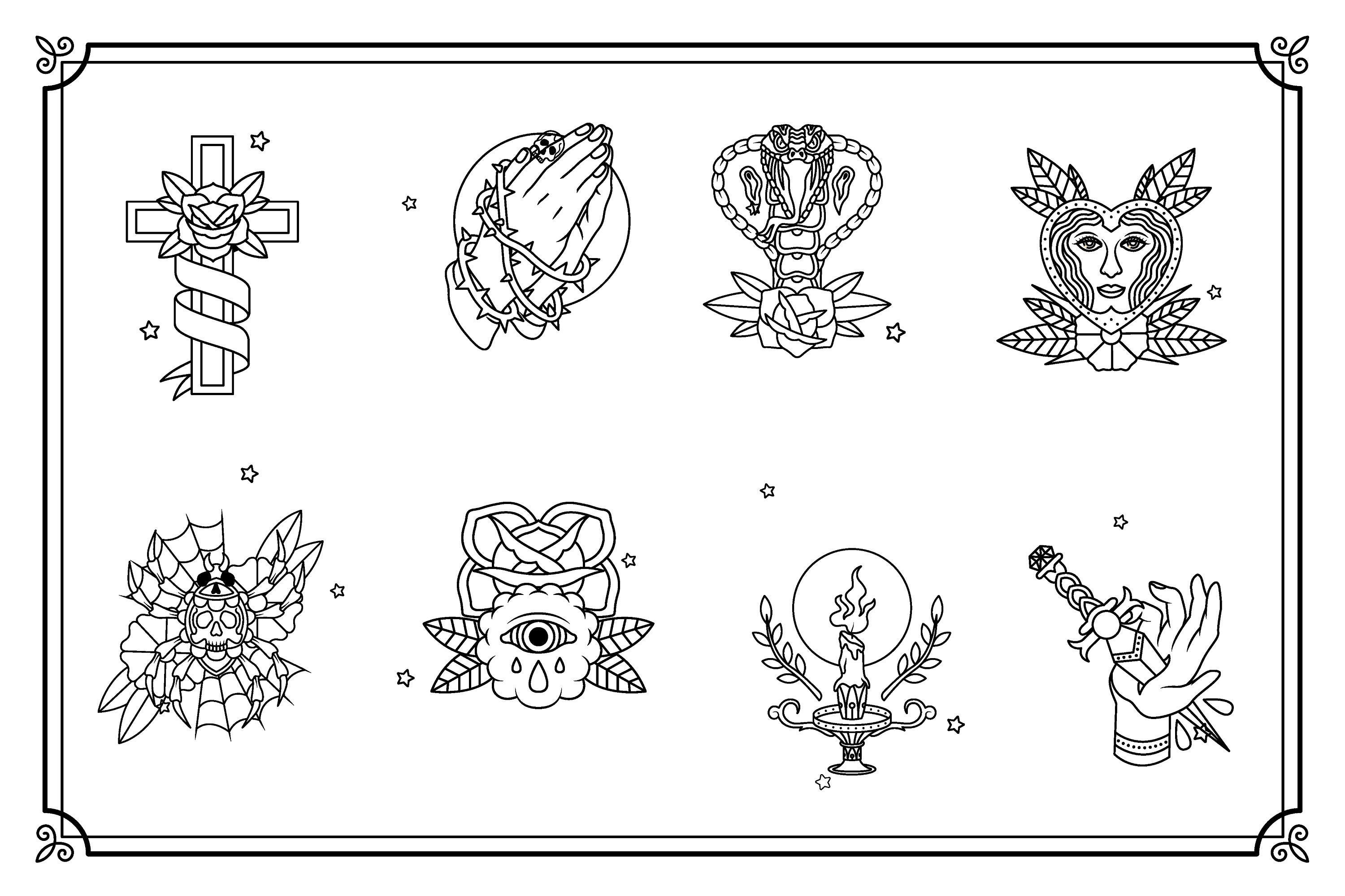 Tattoo Flash Sheet Outline Design Stylized Sticker Set