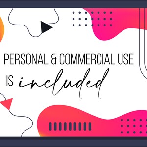 Puede incluir: Un fondo blanco con formas abstractas rosas y naranjas y l&iacute;neas negras. El texto "PERSONAL & COMMERCIAL USE IS included" est&aacute; escrito en negro.