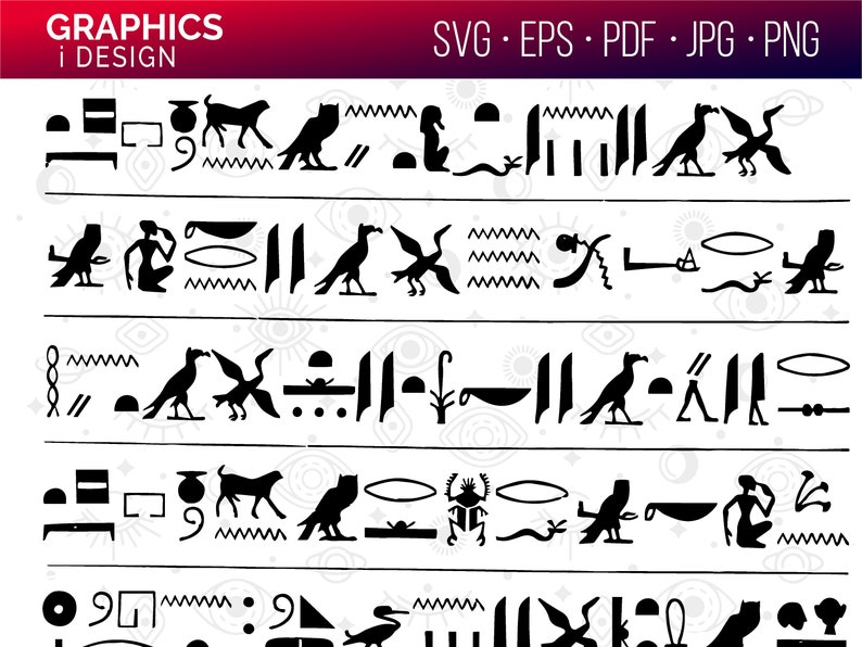 K&ouml;nnte beinhalten: Schwarzwei&szlig;es Vektorgrafikdesign von &auml;gyptischen Hieroglyphen. Das Design zeigt eine Vielzahl von Symbolen, darunter V&ouml;gel, Tiere und geometrische Formen. Das Design ist perfekt f&uuml;r den Einsatz in einer Vielzahl von Projekten, wie z. B. Webdesign, Druckdesign und Social Media.