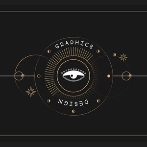 Puede incluir: Un logotipo de dise&ntilde;o gr&aacute;fico negro y dorado con el texto "GRAPHICS DESIGN" y un ojo estilizado con un estallido de sol detr&aacute;s.