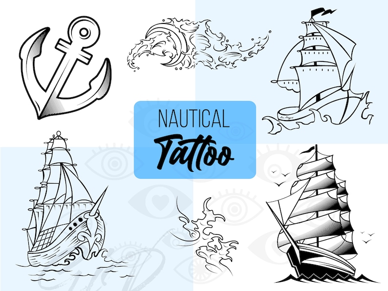 Puede incluir: Un conjunto de dise&ntilde;os de tatuajes n&aacute;uticos con un ancla, olas y barcos. Los dise&ntilde;os son en blanco y negro y son perfectos para la inspiraci&oacute;n de un tatuaje.