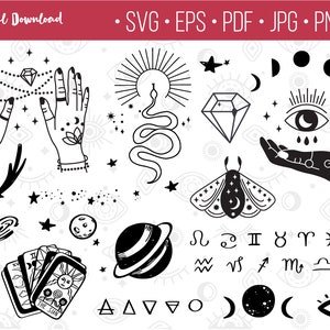 May include: Black and white illustrations of various mystical and astrological symbols, including hands, a snake, a diamond, a moth, an eye, a crescent moon, a planet, tarot cards, zodiac signs, and geometric shapes.