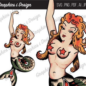 May include: A vintage-style illustration of a mermaid with red hair, wearing a red star-shaped bikini top. The mermaid has a green tail with a scale pattern and is posed with her arm raised above her head.