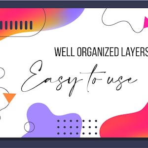 K&ouml;nnte beinhalten: Abstrakte Grafikdesign-Vorlage mit bunten Formen und Linien. Der Text "WELL ORGANIZED LAYERS" und "Easy to use" ist in Schwarz auf wei&szlig;em Hintergrund geschrieben.