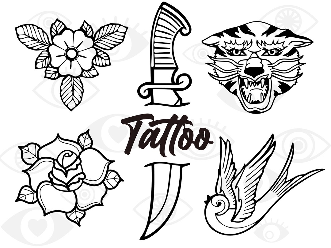 Tattoo Designs Old School SVG Stylised Black White Clipart