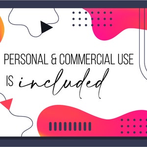 K&ouml;nnte beinhalten: Ein wei&szlig;er Hintergrund mit rosa und orangefarbenen abstrakten Formen und schwarzen Linien. Der Text "PERSONAL & COMMERCIAL USE IS included" ist in Schwarz geschrieben.