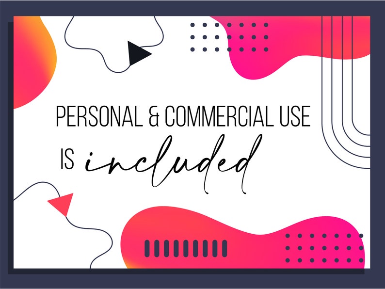 K&ouml;nnte beinhalten: Ein wei&szlig;er Hintergrund mit rosa und orangefarbenen abstrakten Formen und schwarzen Linien. Der Text "PERSONAL & COMMERCIAL USE IS included" ist in Schwarz geschrieben.