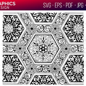 May include: Black and white intricate geometric pattern with repeating hexagonal shapes and floral designs. The pattern is symmetrical and creates a sense of depth and complexity.