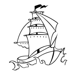 Puede incluir: Un dibujo en blanco y negro de un velero con velas hinchadas por el viento. El velero navega sobre una l&iacute;nea ondulada, lo que sugiere que est&aacute; en el agua. La firma del artista es visible en la esquina inferior izquierda.