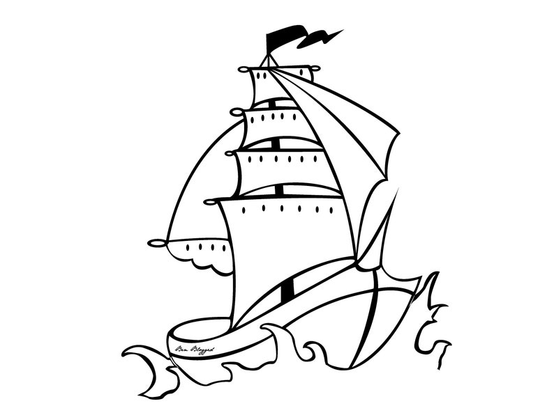 Puede incluir: Un dibujo en blanco y negro de un velero con velas hinchadas por el viento. El velero navega sobre una l&iacute;nea ondulada, lo que sugiere que est&aacute; en el agua. La firma del artista es visible en la esquina inferior izquierda.