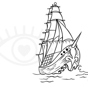 Puede incluir: Un dibujo en blanco y negro de un barco de vela con una proa grande y adornada y un m&aacute;stil alto con m&uacute;ltiples velas. El barco navega en un mar ondulado.