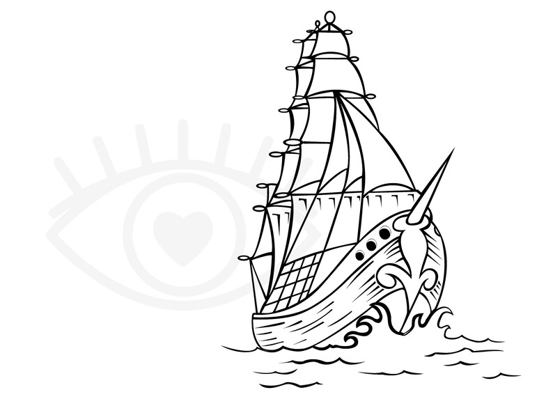 Puede incluir: Un dibujo en blanco y negro de un barco de vela con una proa grande y adornada y un m&aacute;stil alto con m&uacute;ltiples velas. El barco navega en un mar ondulado.