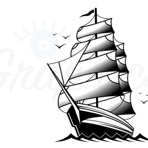 Puede incluir: Una ilustraci&oacute;n en blanco y negro de un barco de vela con m&uacute;ltiples velas. El barco navega en un mar ondulado con p&aacute;jaros volando en el cielo.