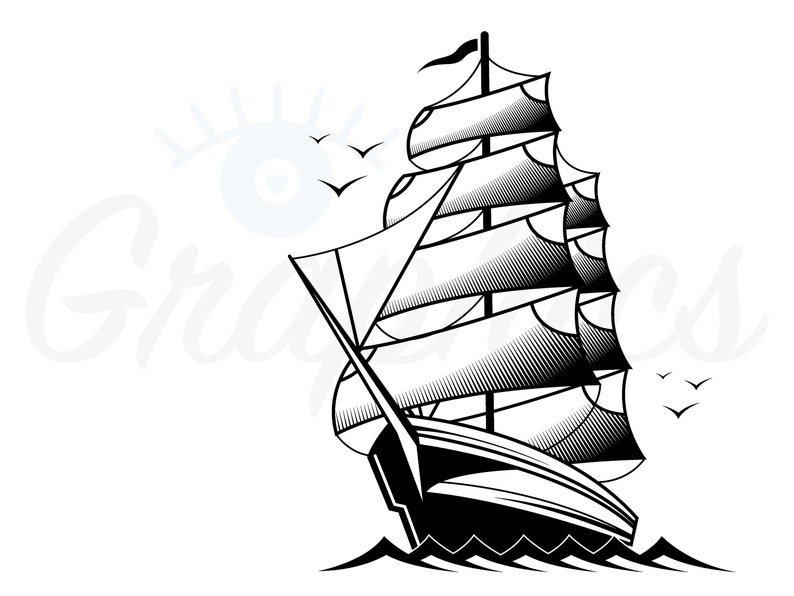 Puede incluir: Una ilustraci&oacute;n en blanco y negro de un barco de vela con m&uacute;ltiples velas. El barco navega en un mar ondulado con p&aacute;jaros volando en el cielo.