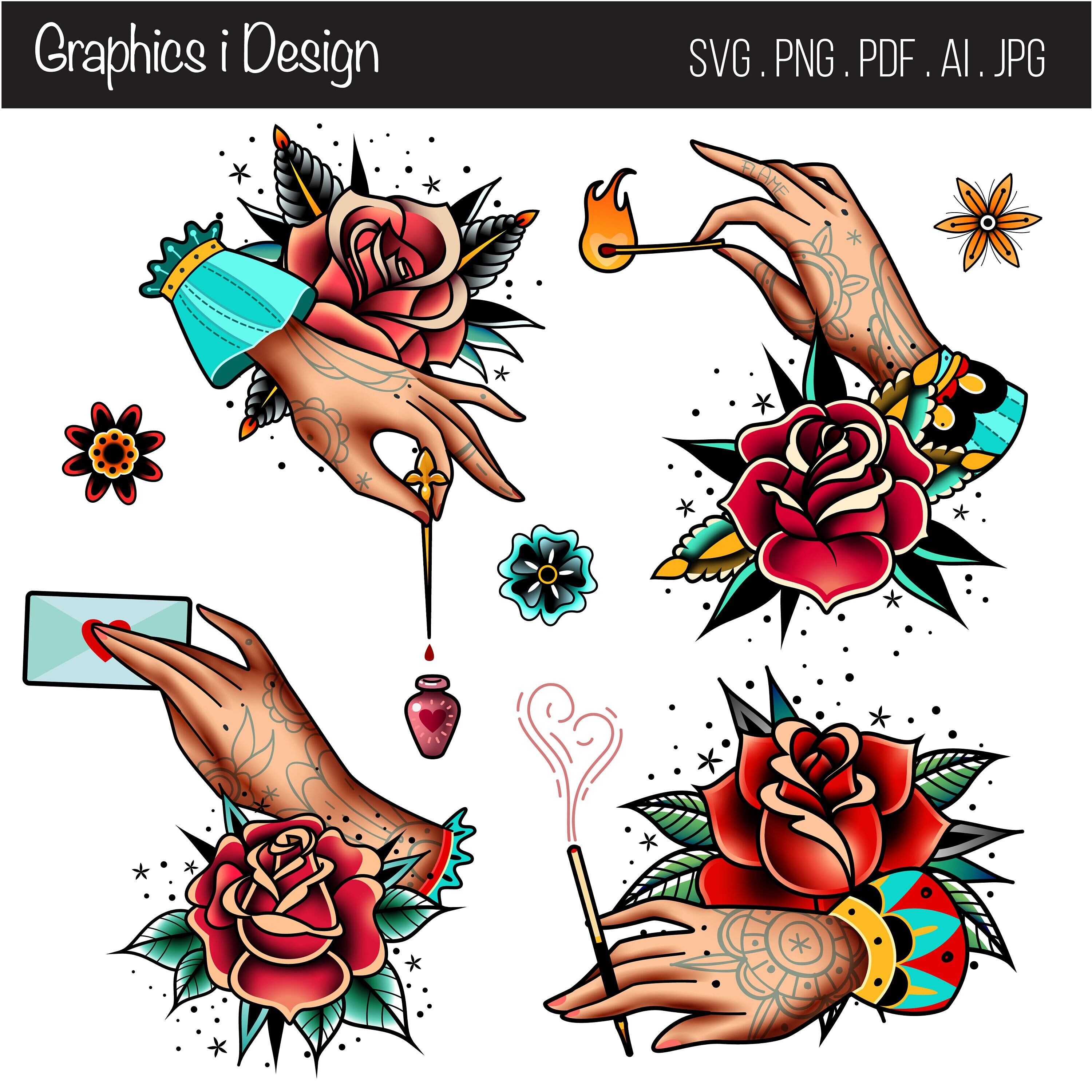 Tattoo Hand Designs Flash Print Designs stylized clipart sailor jerry traditional sparrow graphic tiger collection instant digital download