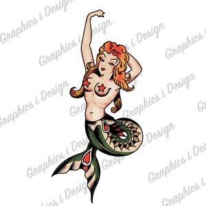 May include: A vintage-style illustration of a mermaid with red hair, a green tail, and red stars on her chest. The mermaid is depicted with a whimsical and playful expression.