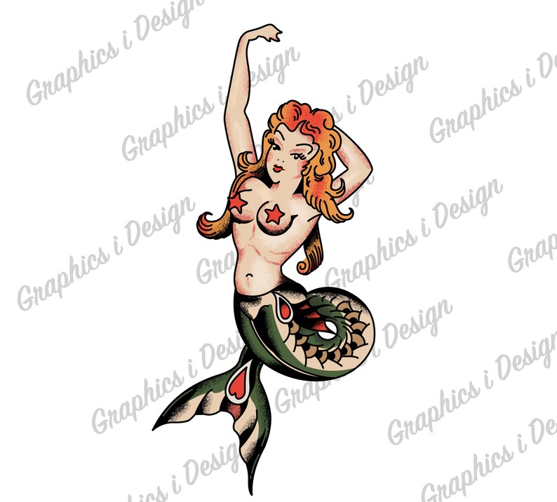 May include: A vintage-style illustration of a mermaid with red hair, a green tail, and red stars on her chest. The mermaid is depicted with a whimsical and playful expression.