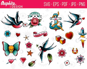 Graphic Color Flash Sheet Tattoo Designs SVG Stylized Traditional Art Nautical American Sparrow  Skull Sparrow Sailor Jerry Old School