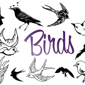 Oiseaux dessins vol ensemble hirondelles vol SVG illustration dessinés à la main pochoir silhouette transparente tatouage mouche coupe fichier vector art moineau