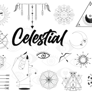 Celestial Design Vector Set Linear Mystical Symbol Tattoo Magic Astrology Ancient Alchemy Sun Elements Decoration in Modern Minimalist Style