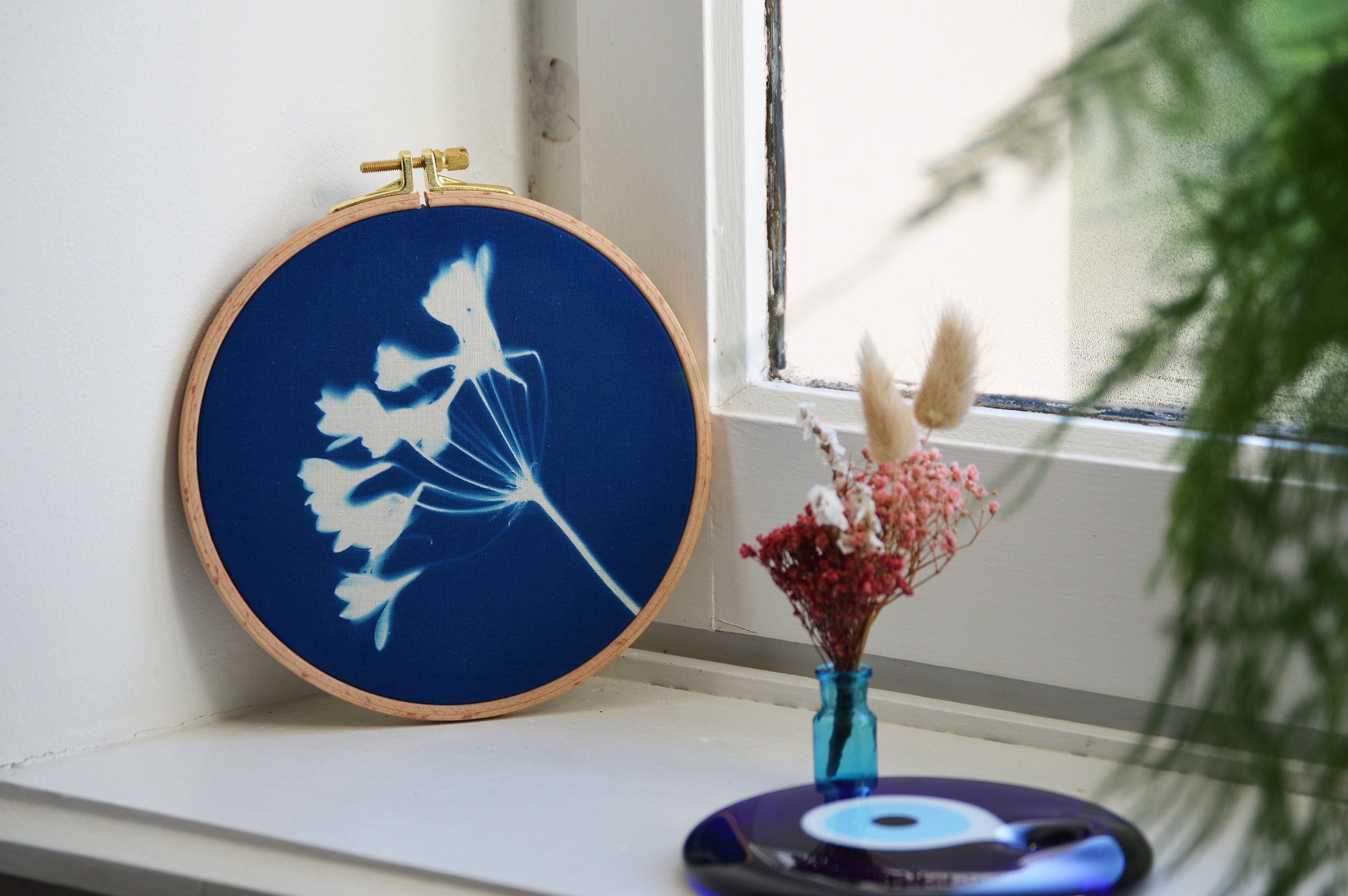 Cyanotype sur Tissu Fleur d'agapanthe - Tambour à Broder Impression Cyanotype Affiche Botanique Pièc